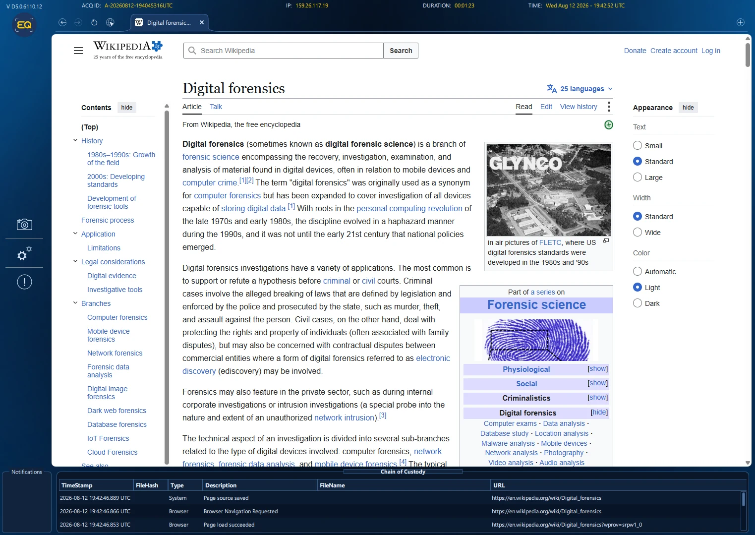 Eviquire Forensic Browser interface in a demonstration environment.